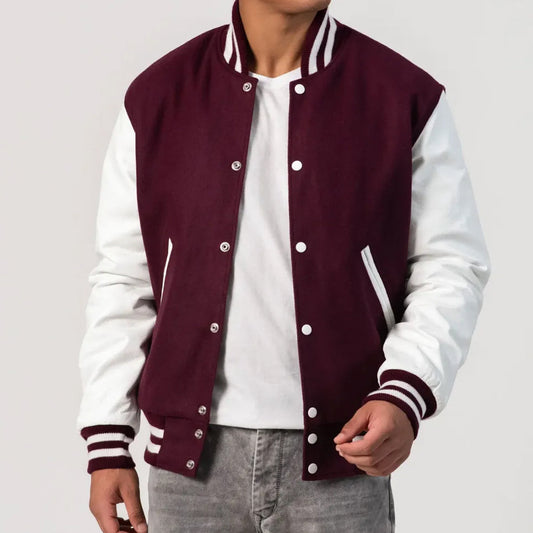 Maroon Wool Body & Bright White Leather Sleeves Varsity Jacket