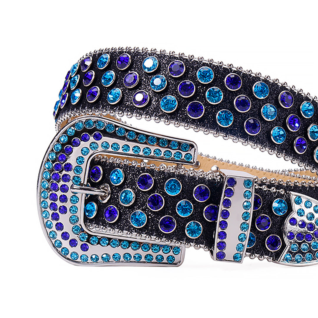 Blue & Purple Rhinestone Belt with Shiny Black Strap