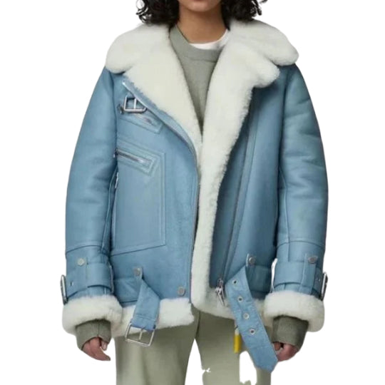 Women's Notch Faux Shearling Moto Leather Jacket-Women Shearling Jacket-Premium Leather Store