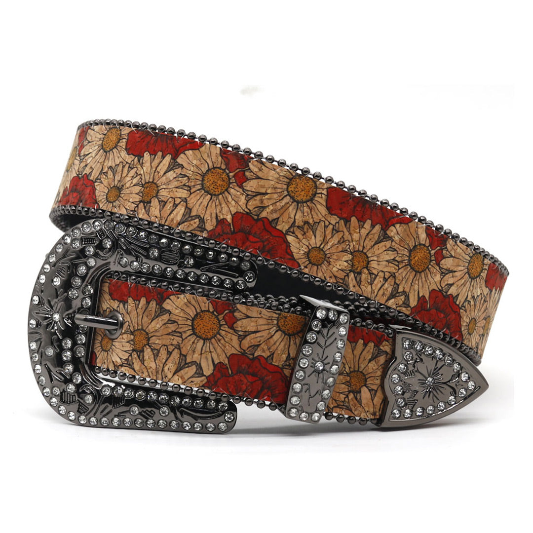 Engraved Buckle Flower Art White Studded Rhinestone Belt