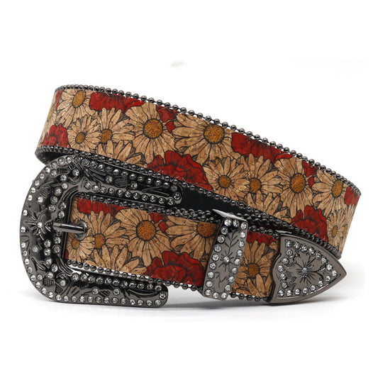 Engraved Buckle Flower Art White Studded Rhinestone Belt