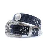 Engraved Buckle Flower Black Strap With Crystal Studded Rhinestone Belt