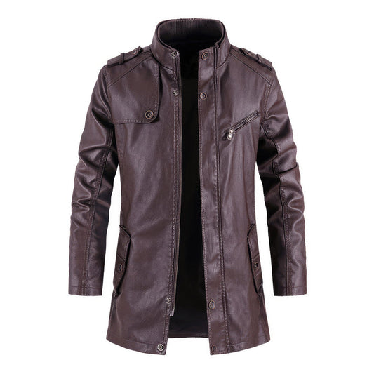 Wine Stand Collar Vintage Casual Biker Leather Coat