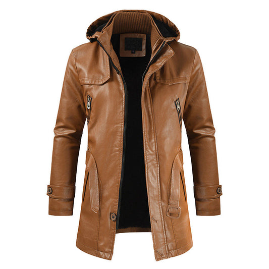 Camel Fashion Hooded Long Leather Motorcycle Coat