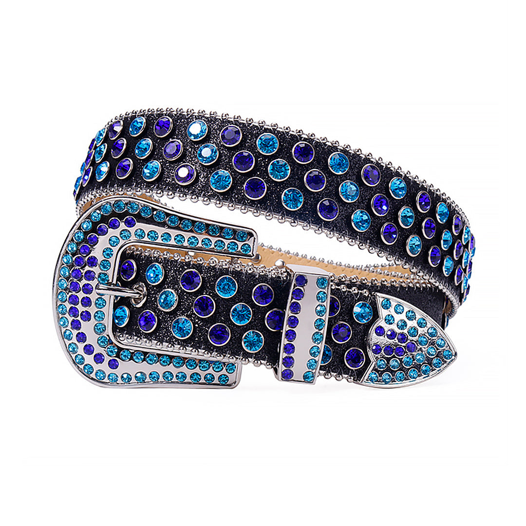 Blue & Purple Rhinestone Belt with Shiny Black Strap