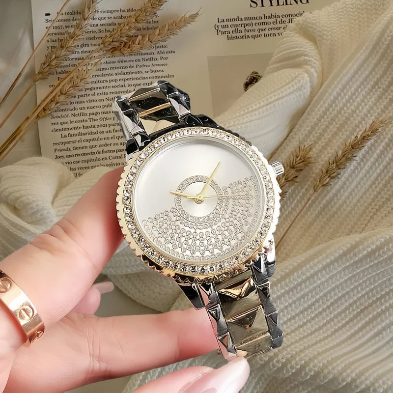 Diamond Luxury Women's Watches Silver & Black Dial, Rhinestone Accents