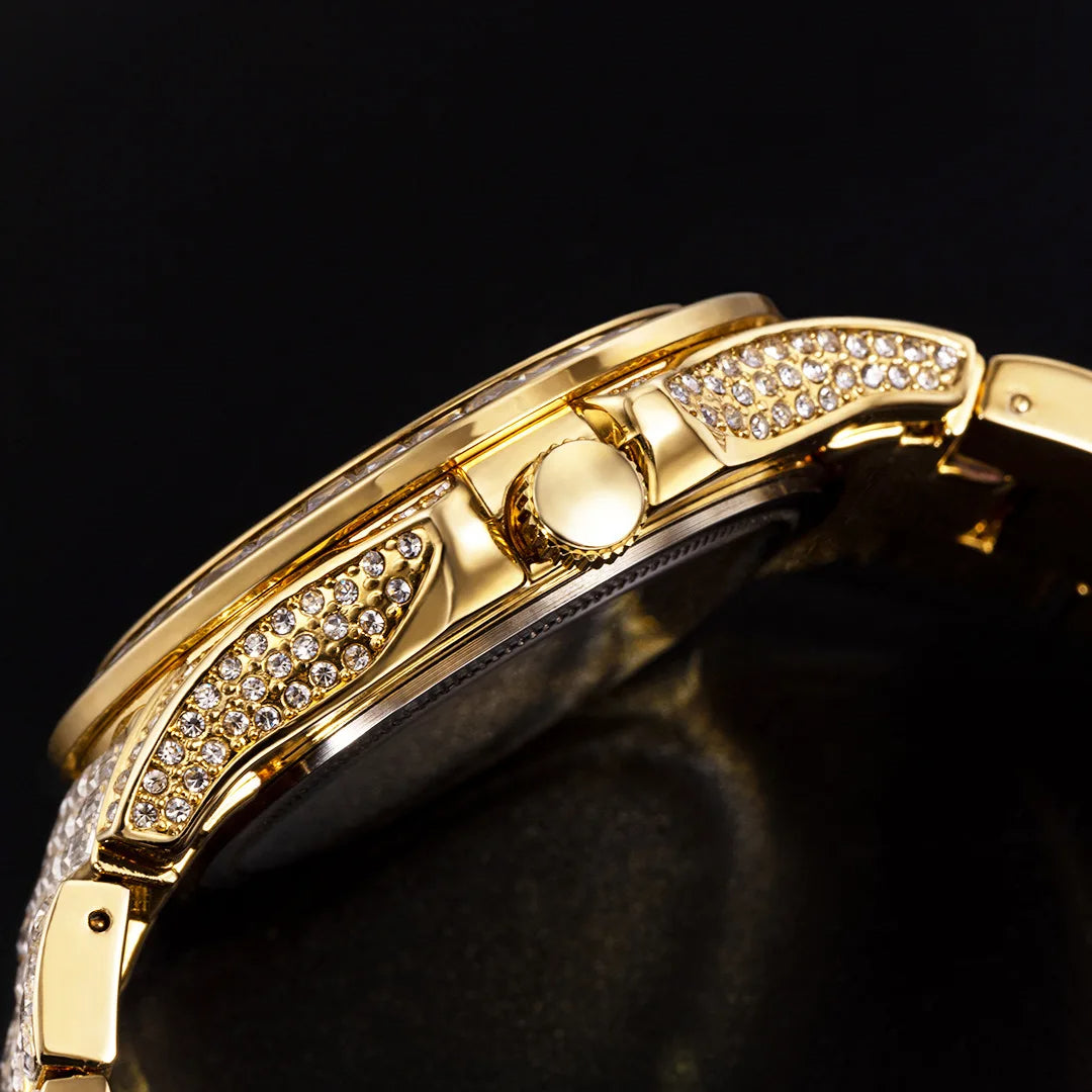 Luxury Gold Hip-Hop Quartz Watch with Faux Gemstones
