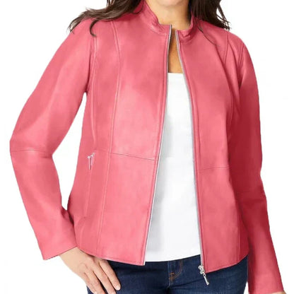 Women's Pink Zip Front Leather Jacket-Women Leather Jacket-Premium Leather Store