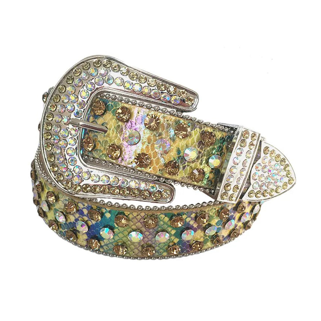 Multi Chromatic Rhinestone Belt With Snake Texture Shiny Strap