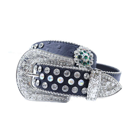 Engraved Buckle Flower Black Strap With Multi & Crystal Studded Rhinestone Belt