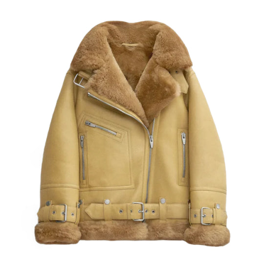 Women's Notch Faux Shearling Moto Leather Jacket-Women Shearling Jacket-Premium Leather Store