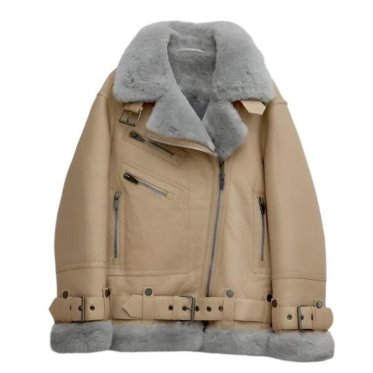 Women's Notch Faux Shearling Moto Leather Jacket-Women Shearling Jacket-Premium Leather Store