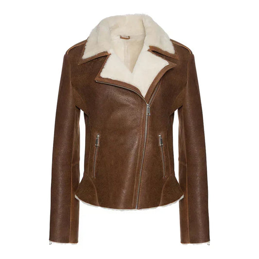 Women's Cognac Faux Shearling Straight Moto Leather Jacket-Women Shearling Jacket-Premium Leather Store