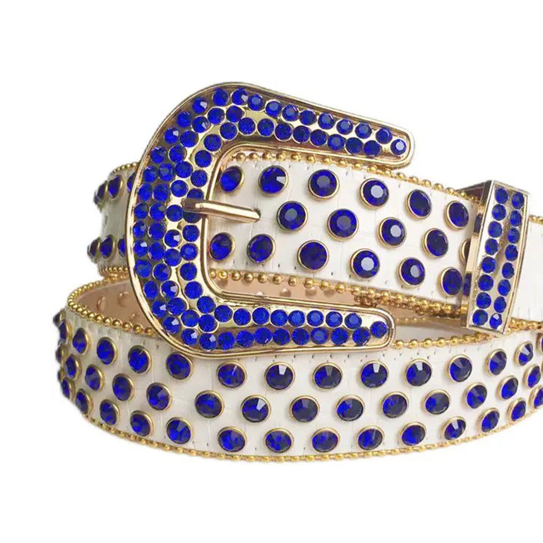 Blue Rhinestone Belt With White Texture Strap