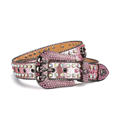 Skull Buckle Pink Strap With Multi Studded Rhinestone Belt