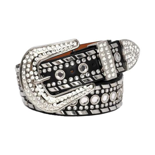 Diamond Rhinestone and Silver Studs Belt With Black Strap