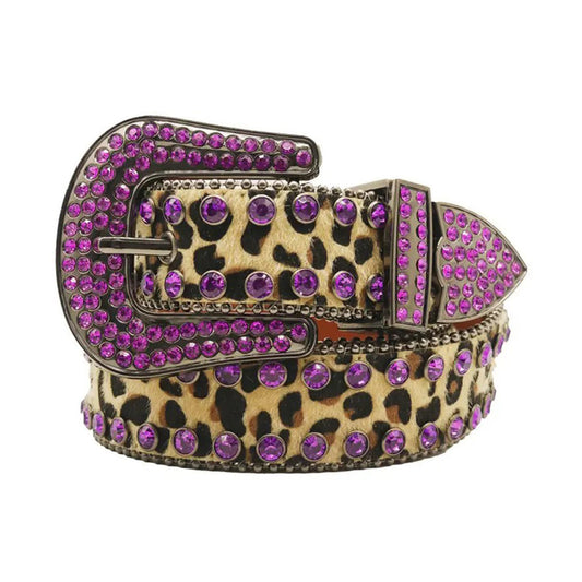 Purple Rhinestone Belt With Cheetah Strap