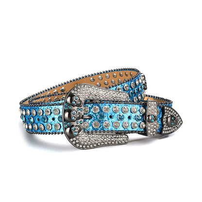 Skull Buckle Shiny Blue Strap With Blue & Crystal Studded Rhinestone Belt