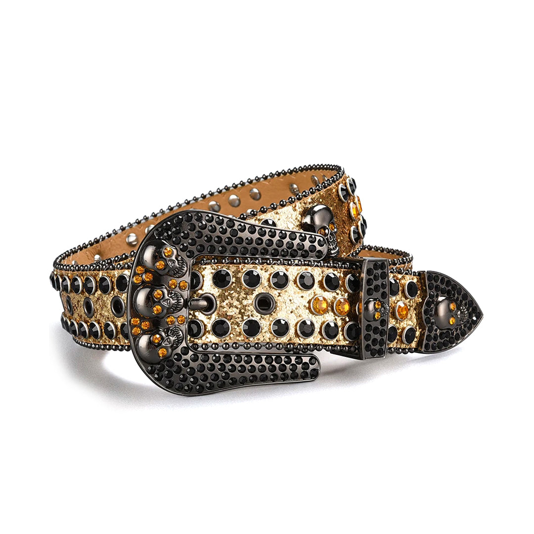 Skull Buckle Gold Strap With Gold & Black Studded Rhinestone Belt