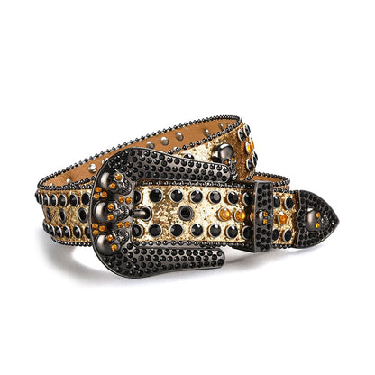 Skull Buckle Gold Strap With Gold & Black Studded Rhinestone Belt