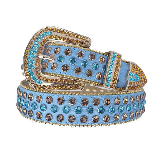 Blue and Gold Rhinestone Belt With Blue Textured Strap