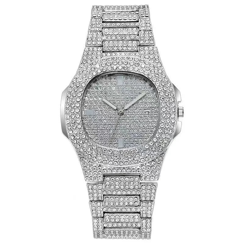 Men's Hip Hop Iced Out Quartz Watch with Stainless Steel Band