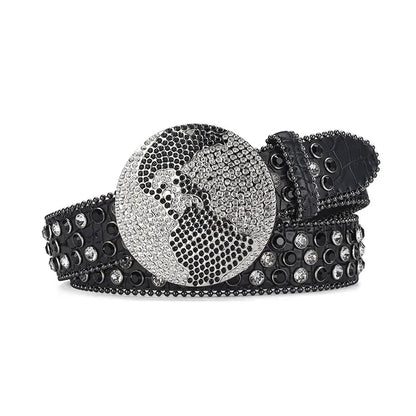 Globe Buckle With Black & Crystal Studded Rhinestone Belt