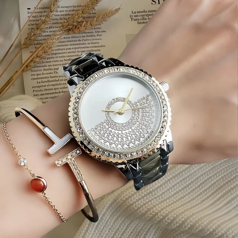 Diamond Luxury Women's Watches Silver & Black Dial, Rhinestone Accents
