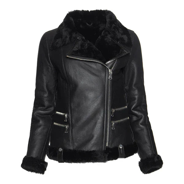 Women's Spanish Merino Faux Shearling Black Leather Jacket-Women Shearling Jacket-Premium Leather Store