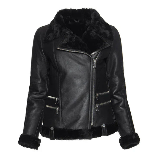 Women's Spanish Merino Faux Shearling Black Leather Jacket-Women Shearling Jacket-Premium Leather Store