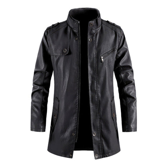 Black Stand Collar Vintage Casual Biker Leather Coat