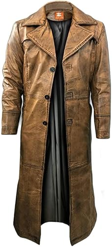 Brown Distressed Vintage Below Knee Long Leather Coat