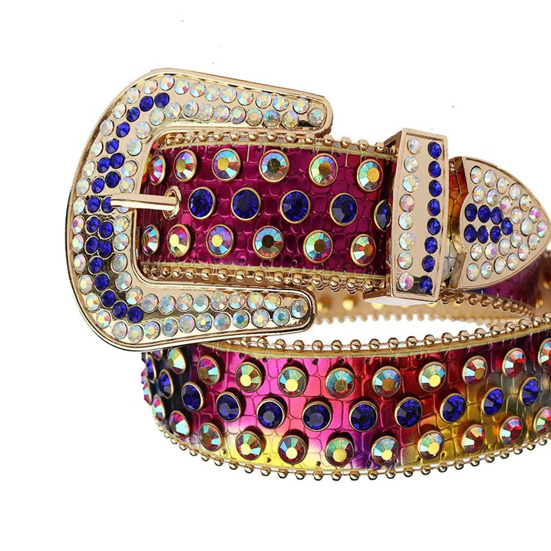 Blue and Chromatic Rhinestone Belt With Red Chromatic Strap