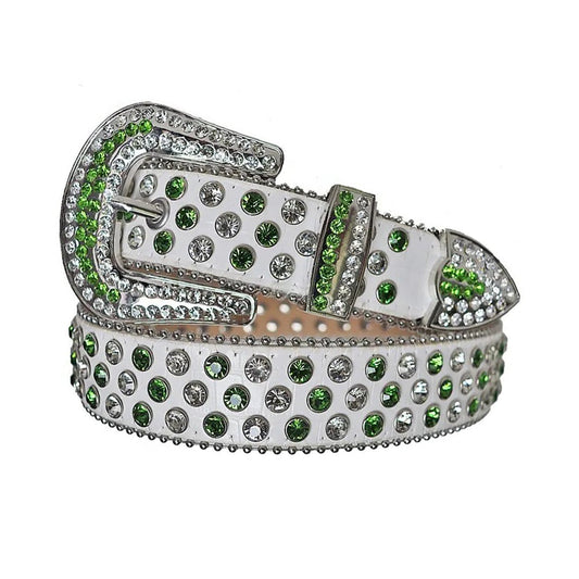 Green and Diamond Rhinestone Belt With White Textured Strap