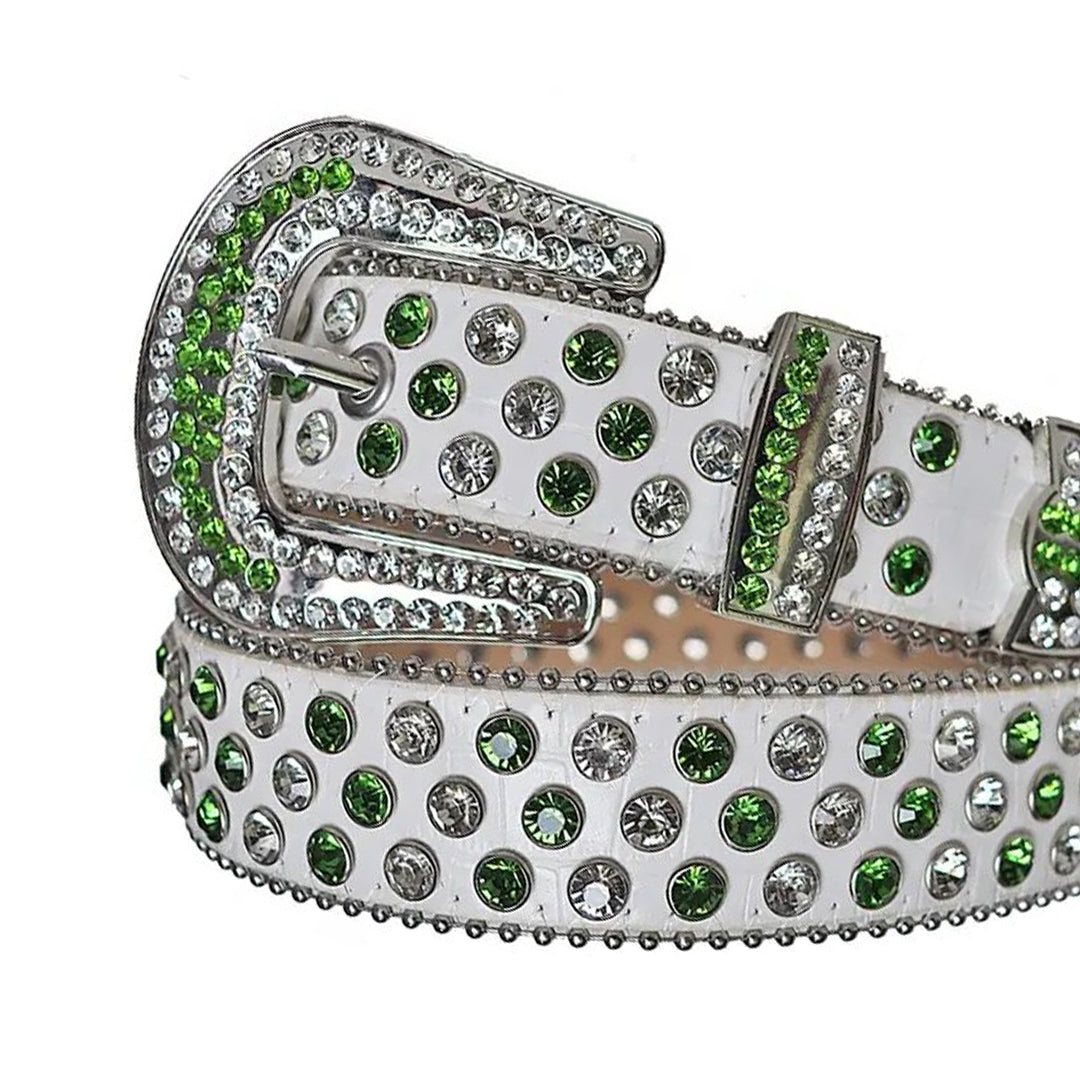 Green and Diamond Rhinestone Belt With White Textured Strap