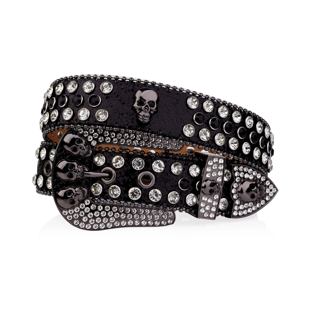 Skull Buckle Black Strap With Black & Crystal Studded Rhinestone Belt