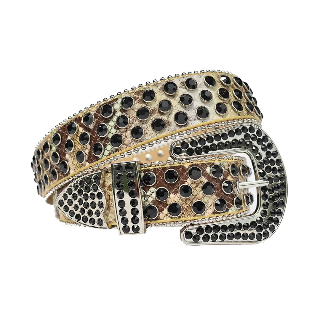 Black Rhinestone Belt With Golden Snake Texture Strap