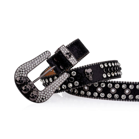 Skull Buckle Black Strap With Black & Crystal Studded Rhinestone Belt