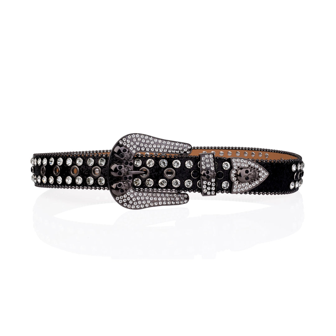Skull Buckle Black Strap With Black & Crystal Studded Rhinestone Belt