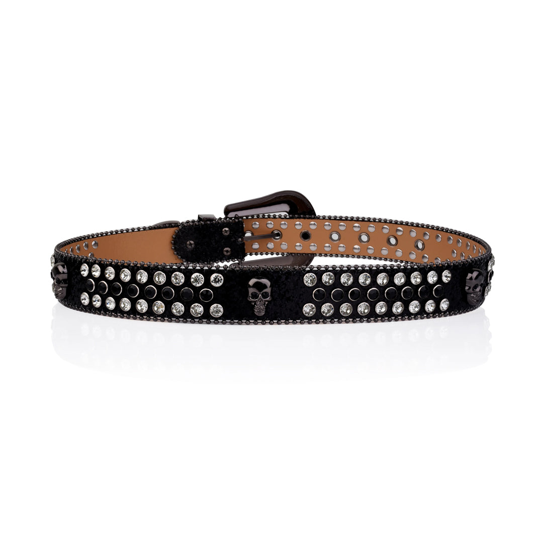 Skull Buckle Black Strap With Black & Crystal Studded Rhinestone Belt