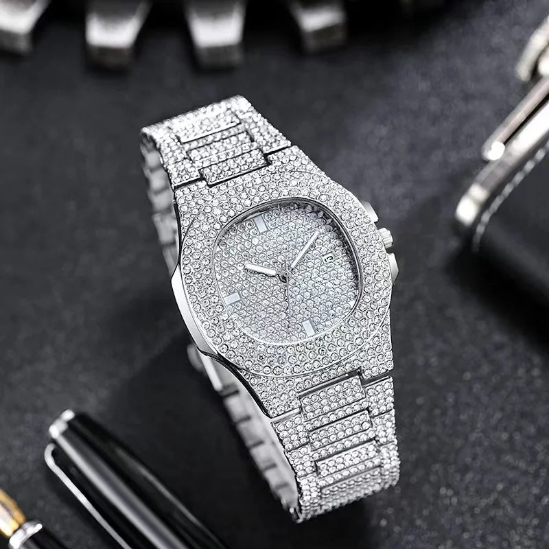 Men's Hip Hop Iced Out Quartz Watch with Stainless Steel Band