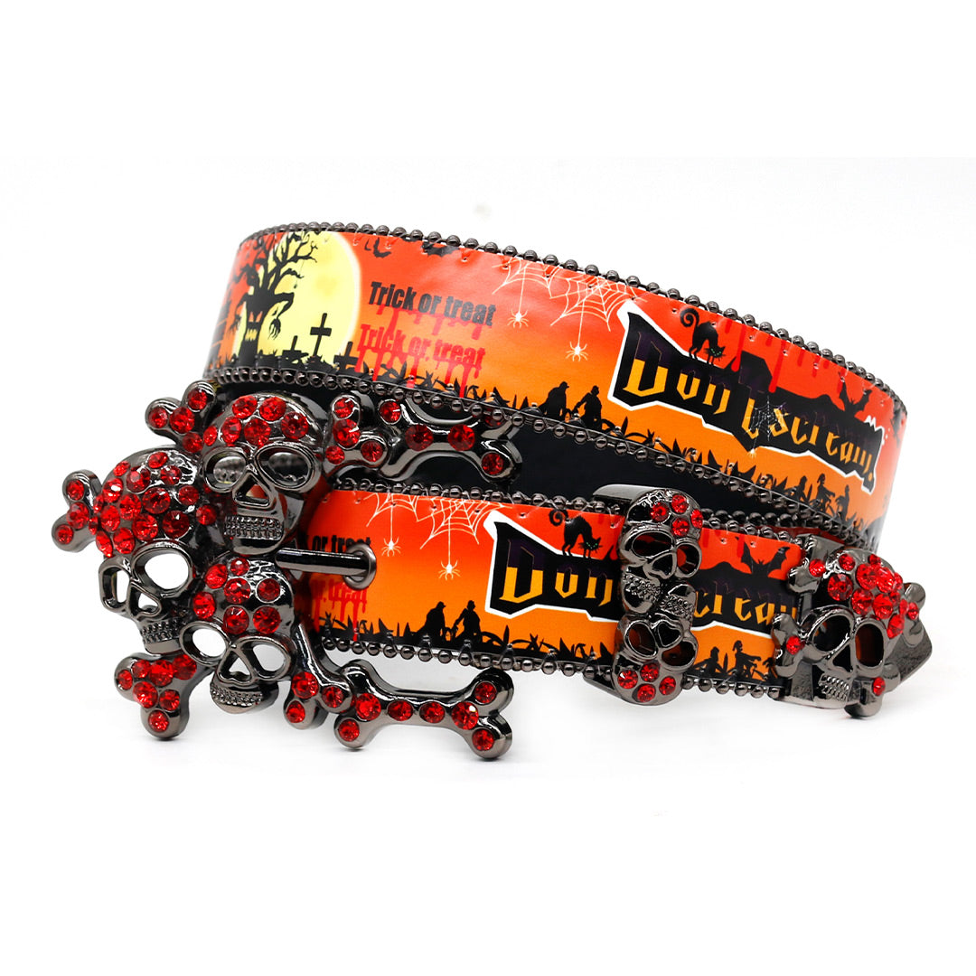 Skull Buckle Halloween Special Strap With Red Studded Rhinestone Belt