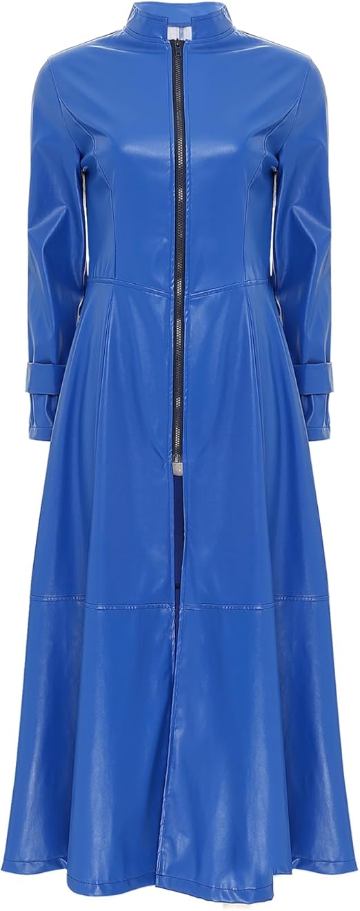 Blue Long Sleeves Full Zipper Ankle Trench Leather Coat