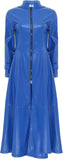Blue Long Sleeves Full Zipper Ankle Trench Leather Coat