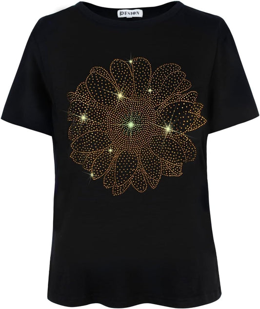 Sunflower Print Rhinestone Shirt