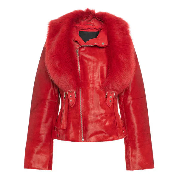 Women's Tara Calf Faux Shearling Red Fur Leather Jacket-Women Shearling Jacket-Premium Leather Store