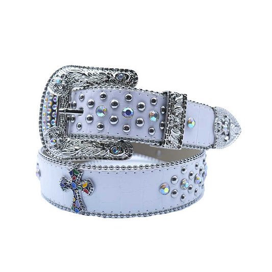 Engraved Buckle Cross White Strap With Multi & Metal Studded Rhinestone Belt