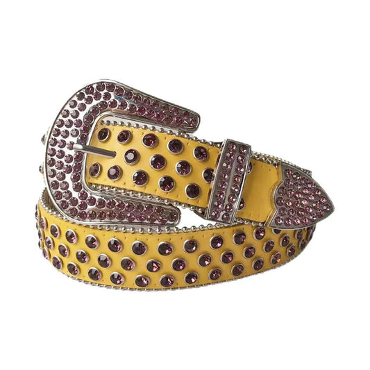 Wine Rhinestone Belt With Yellow Strap
