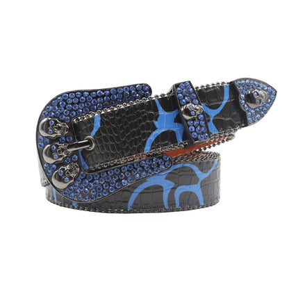 Skull Buckle Black Strap With Blue Studded Rhinestone Belt