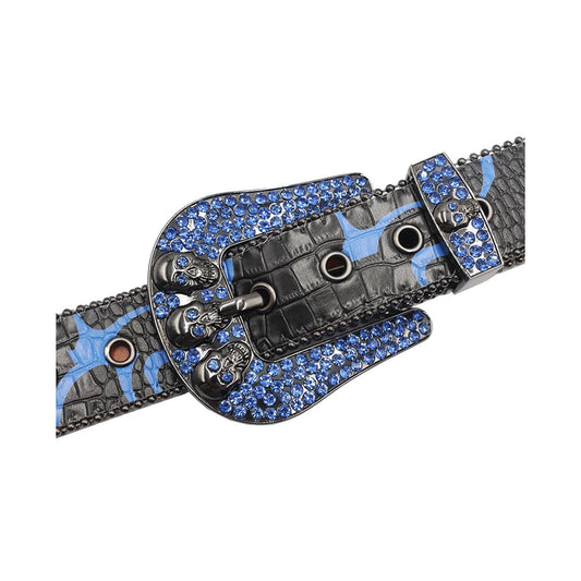 Skull Buckle Black Strap With Blue Studded Rhinestone Belt
